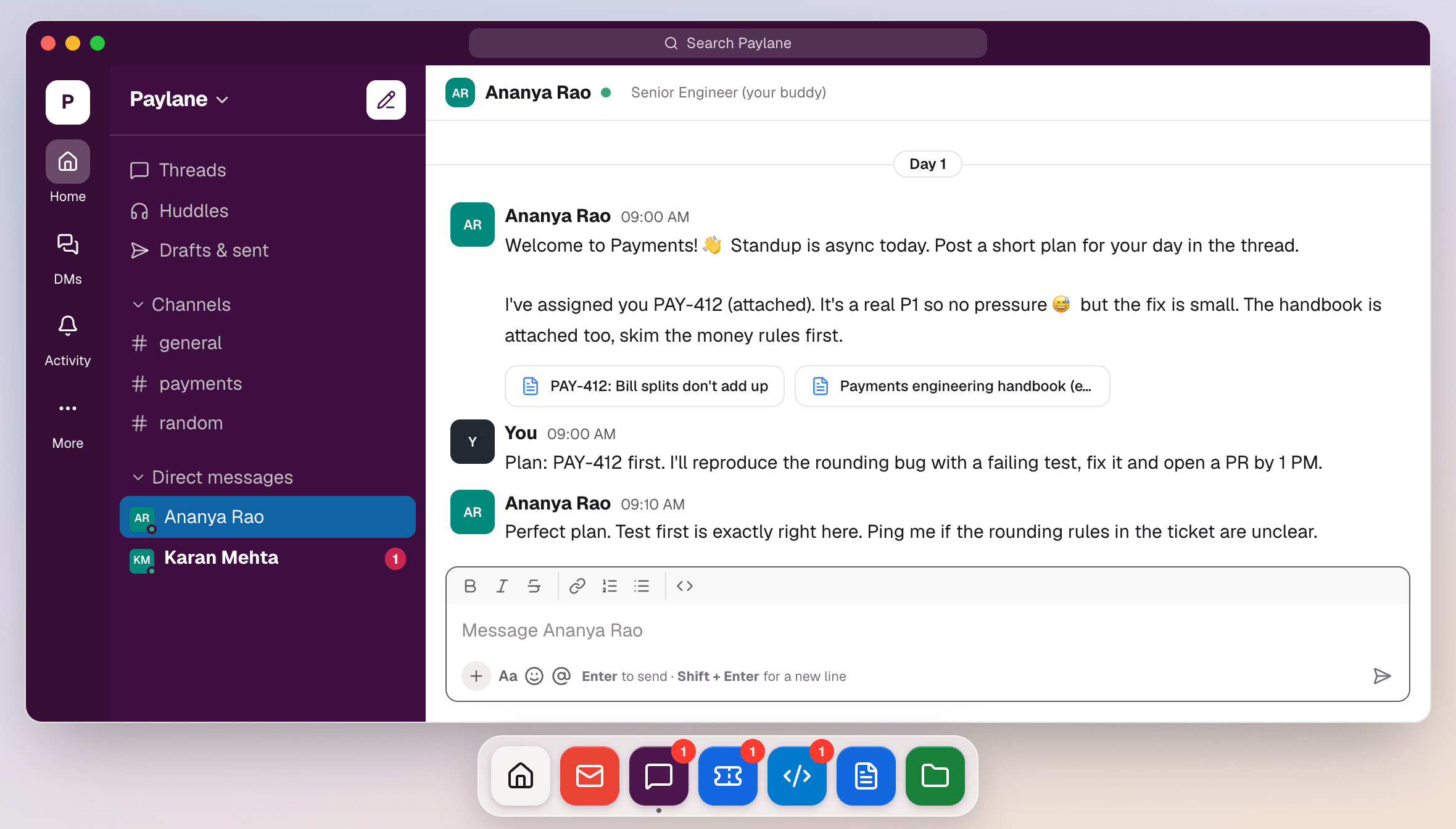 A Simverse simulation in Slack: the participant posts a standup plan for a Jira ticket and their senior engineer replies.