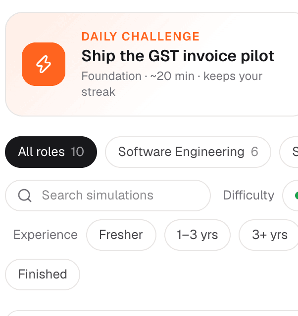 The Simverse catalogue: the daily challenge, the weekly contest and filters by role and level