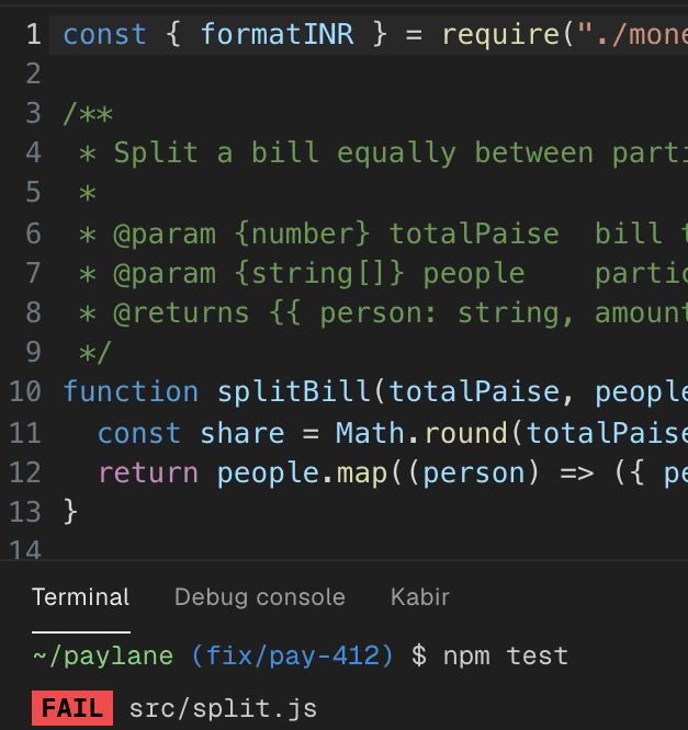 A coding task in the VS Code-style editor, with the failing tests in the terminal