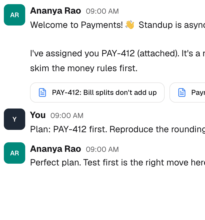 The simulated workstation: a Slack conversation with the team lead about the first ticket
